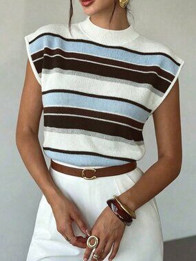 White Casual Women's Striped V Neck Slim Fit Batwing Sleeve Knit Sweater Vest